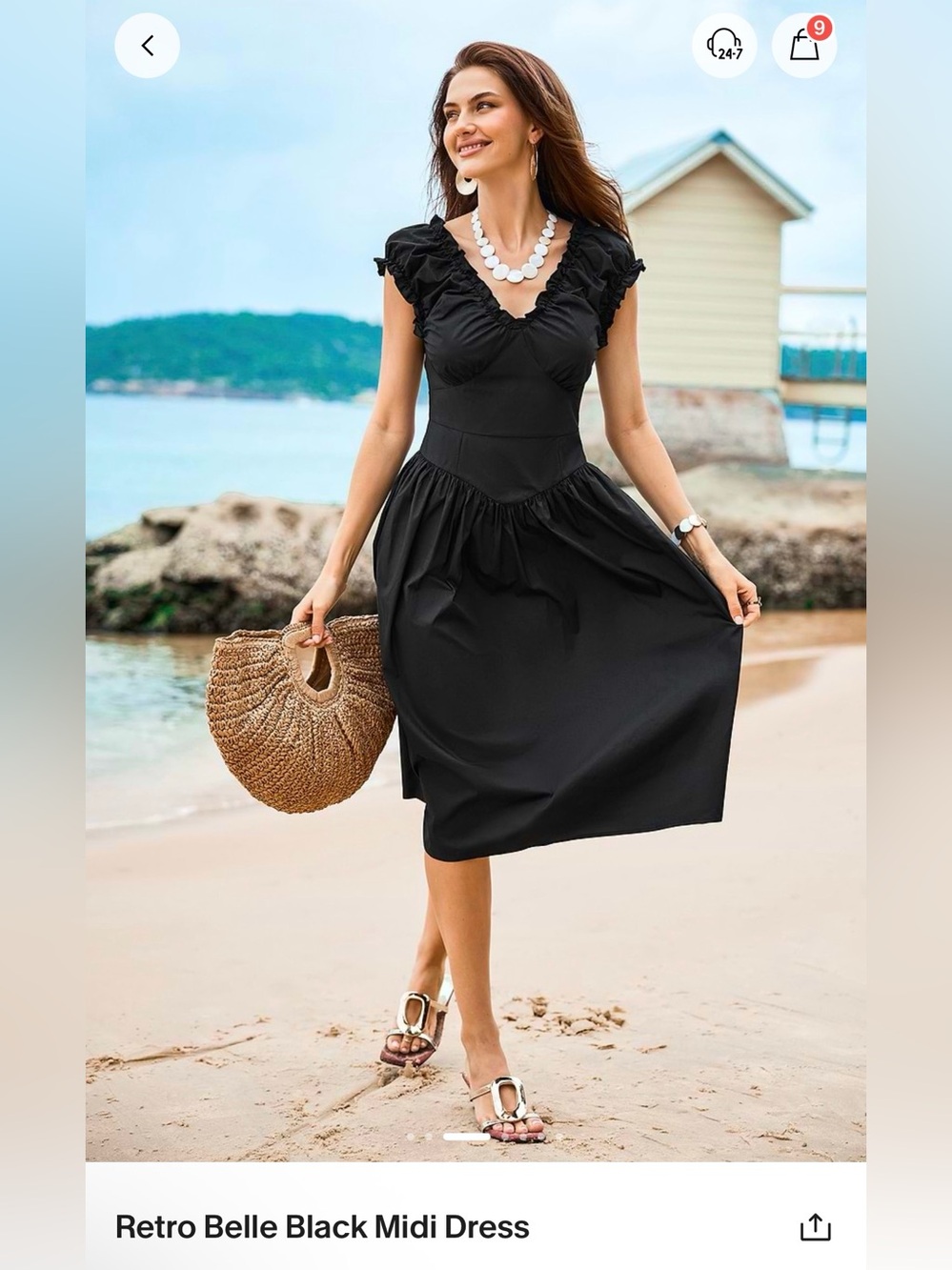 🖤 CUPSHE Retro Belle Black Midi Dress Ruffled V-Neck Cotton Size L